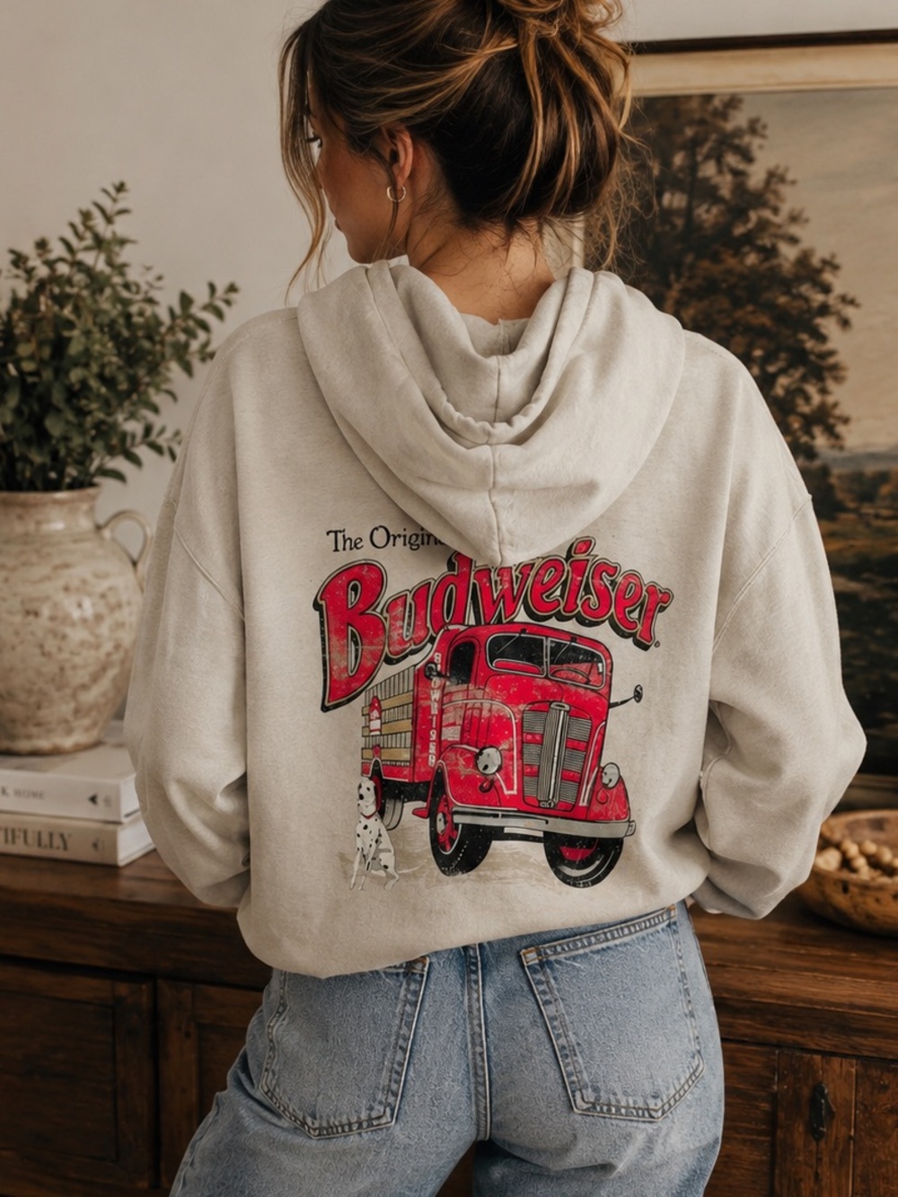 Men’s Budweiser Beige Crewneck Sweatshirt with Red Truck Graphic